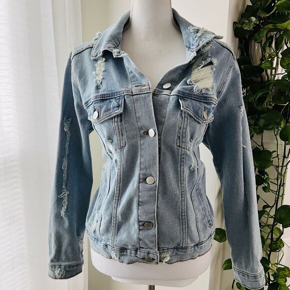 Wild Fable Ripped Torn Distressed Light Wash Thrashed Denim Jacket - Medium - Picture 1 of 8